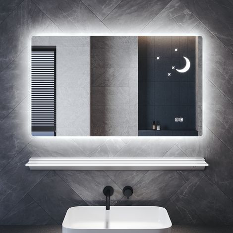 SONNI Antibeschlag Badspiegel mit Beleuchtung und Beleuchteter Ablage, 100×60cm Sternen und Mondmuster Badezimmerspiegel mit 3 Lichtfarben Memory-Funktion