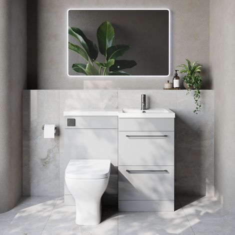 Napoli 390 Gloss Grey Pearl 1000mm 2 Drawer Vanity Unit Toilet Suite with Right Hand Square Lucia Basin - 1000mm - Gunmetal Grey 320mm HandleWith Kingston Toilet Pan and Seat