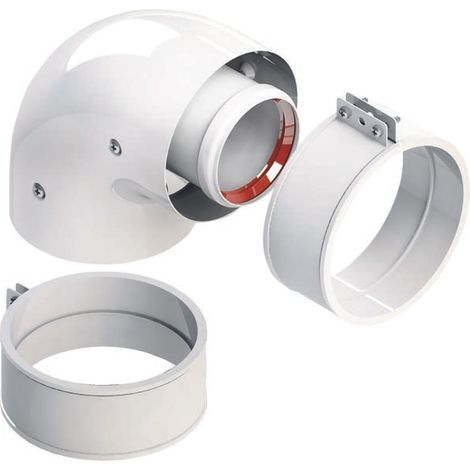 Koaxiales 90°-Winkelstück Ø60/100 aus Weißaluminium mit Muffe und Schelle