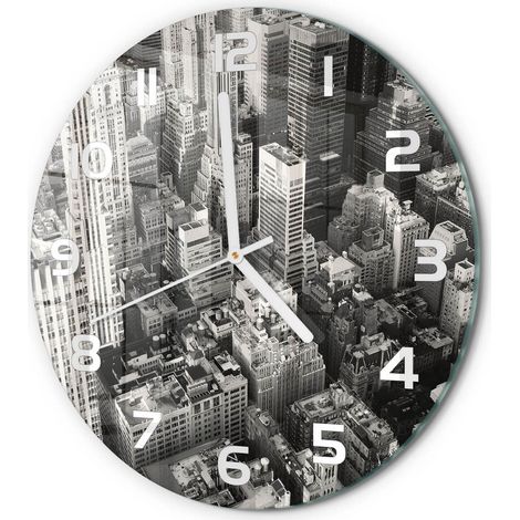 Horloge Murale Ronde pour Chambre Verre Trempé Silencieuse Sans Tic-Tac Vol d'oiseau à New York fi 30 cm (1/5)