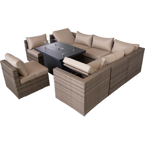 Rattan 9 Piece Modular Outdoor Recliner Garden Sofa with Fire Pit Table Set - Nature (1/5)