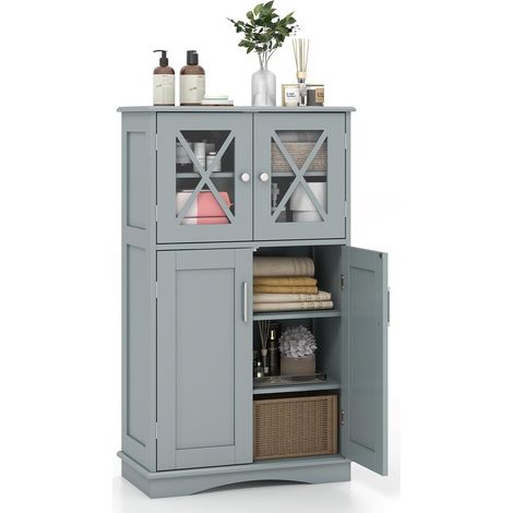 COSTWAY Meuble de Salle de Bain à 4 Portes, Colonne Salle de Bain 2 Portes Vitrées, Armoire Haute avec 3 Étagères Réglables pour Salle de Bain, Salon, Cuisine, 30 x 60 x 108 cm, Gris (1/5)