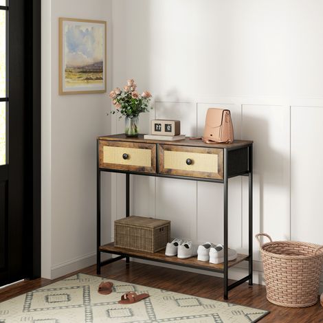 Konsolentisch mit offenem Regal und 2 Schubladen an der Vorderseite aus Rattan, Flurkonsolentisch 80x30x75 cm, rustikales Braun