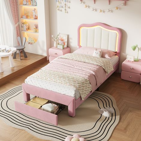 Lit enfant 90 x 200 cm, cadre de lit avec rangement, tiroirs de rangement, éclairage LED, tête de lit rembourrée, velours, rose (1/5)
