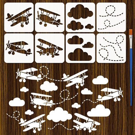 8 Styles Pochoirs Avion 20x20cm Pochoirs Vol Pet Modèle de Peinture Pochoir Traînées de Vol Nuages Avec Un Pinceau pour Murs Meubles Projets Artistiques DIY (1/5)
