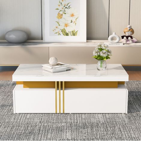 Rechteckiger Couchtisch 100x50x40 cm, Glänzende Marmorplatte, 2 Holzschubladen, Modernes Design (1/5)
