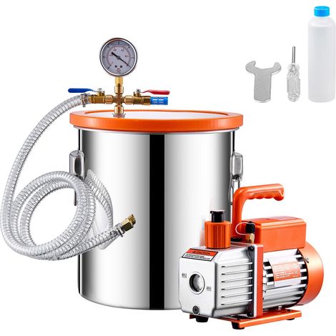 Chambre à vide 19 L (5 gallons) en acier inoxydable, kit avec pompe à vide 100 L/min (3,5 CFM), couvercle acrylique, huile et tuyau 1,5 m. (1/5)