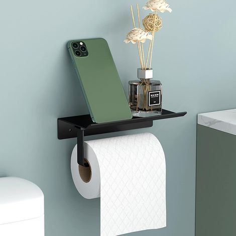 Porte-Papier Toilette Support Mural en Aluminium (Perforé/Non perforé) Porte-Rouleau avec étagères Spacieuses,Support Mural pour Papier Toilette pour Toilettes et Cuisines(Noir) (1/5)