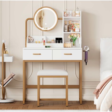 Coiffeuse 80x40x138.5 cm blanc et or en panneaux de particules avec miroir LED pivotant, tabouret et prises intégrées (1/5)