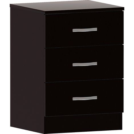 Riano 3 Drawer Bedside Table Cabinet Chest Nightstand Bedroom Furniture, Black