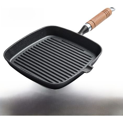 Poêle à steak en fonte Source Factory, non revêtue, antiadhésive, rayée, 24 cm, avec manche en bois, 18 cm, bec unique, pince et goupillon. (1/5)