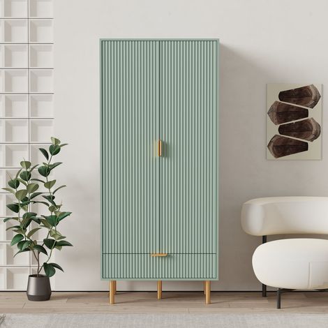 FURNITURE HMD 2 Door Wardrobe Cabinet with 1 Drawer, Clothes Closet Storage Organiser,Hanging Rail, Large Drawer Dresser Clothes Storage Unit for Bedroom Furniture,Gold Legs,Modern Design,Green,80x50x (1/5)