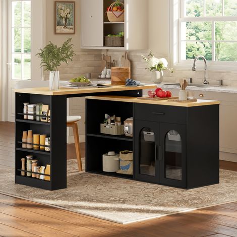 Isla de cocina con mesa giratoria 360°, armario con cajón y estantes, encimera de MDF negro y madera clara para comedor, barra o despacho – CHICFURN (1/5)