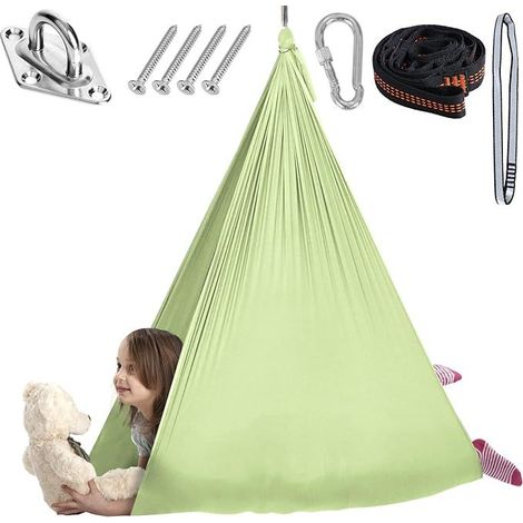 Jaune 280&150 cm Hamac élastique pour enfants, suspension d'intérieur, yoga pour adultes, chaise suspendue d'extérieur élargie, balançoire de patio, entraînement à l'intégration sensorielle. (1/5)