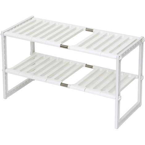 Ausziehbares 2-stufiges Organizer-Regal, Awwaline, weiß, 38–70 x 26 x 38 cm, ideal für den Platz unter der Spüle (1/5)