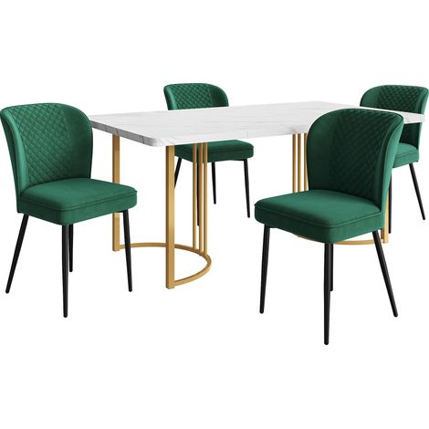 Set de mesa de comedor y 4 sillas 140x80 cm, terciopelo verde, MDF blanco, patas doradas (1/5)