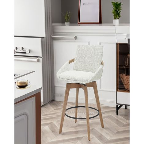 Chaise de bar en tissu bouclette blanc – Assise ergonomique – Pieds en bois style scandinave – Rotation 360° (1/5)