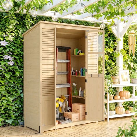 Caseta de jardín de madera, cobertizo para herramientas con espacio de almacenamiento, ventanas acrílicas, puertas dobles, techo de asfalto, ventilación con rejillas, placa base