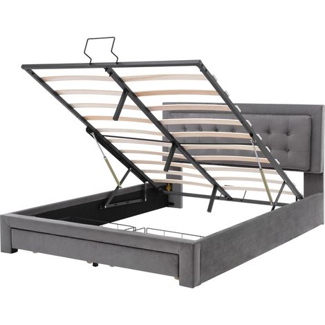 Cama doble tapizada (197.49x26.42x21.08 cm), con almacenaje hidráulico, cabecero con botones, terciopelo gris (1/5)