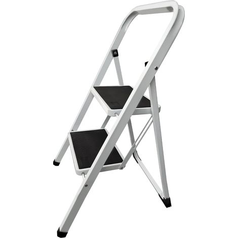 Échelle pliable à deux étages, en acier robuste avec mains courantes, adaptée à une utilisation en intérieur ou en extérieur.