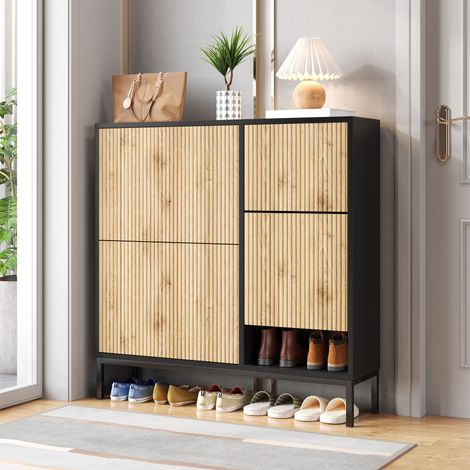 Zapatero 100x25x100 cm negro y natural en MDF con banco extraíble y gran capacidad (1/5)