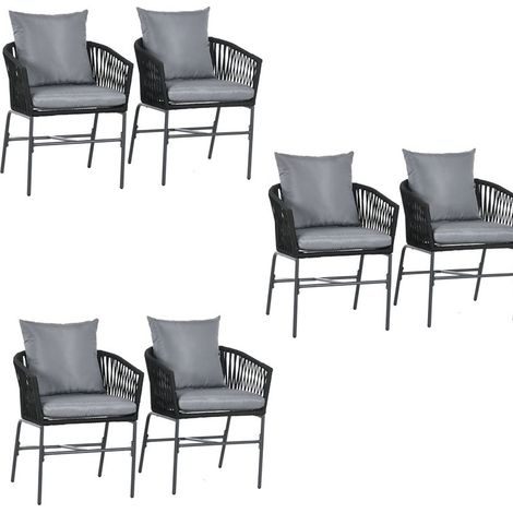 Gartenstühle 6er-Set mit Kissen, belastbar bis 120 kg, geschwungener Sitzschal im Boho-Stil, Metallrahmen 57 x 60 x 71 cm, Schwarz