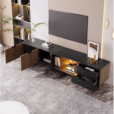 Meuble tv rangement 200 cm LED bois noir deux portes HAVRYA (1/5)