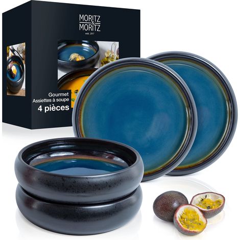 Lot de 4 assiettes creuses en grès 19 cm – Bol en grès pour soupe, pâtes, salade ou céréales (1/5)