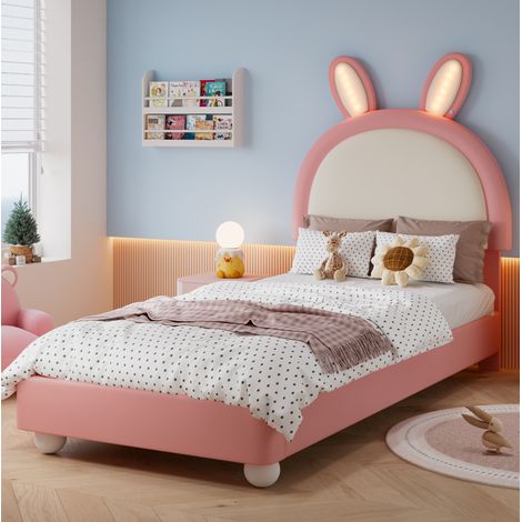Cama tapizada infantil 90x200 cm rosa con cabecero de conejo y LED (1/5)
