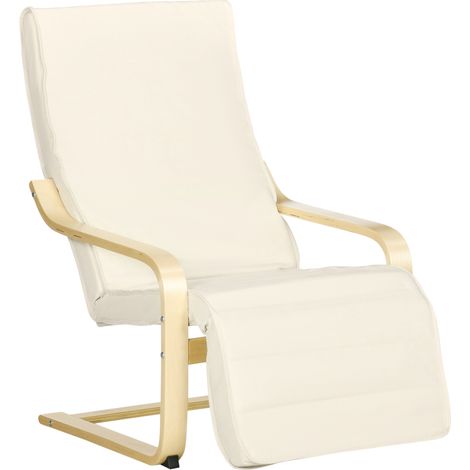 Poltrona Relax con Poggiapiedi a 5 Livelli e Poggiatesta, Legno di Betulla e Tessuto, 66,5x94x100 cm, Crema