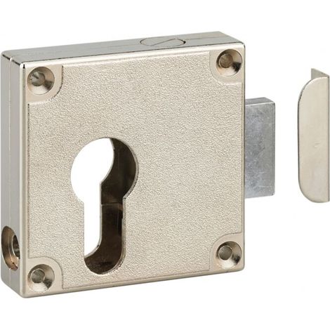 Boitier de serrure de meuble Universel en applique pour porte d'ameublement, axe 21.5mm, 50x60mm, nickelé - (1/2)