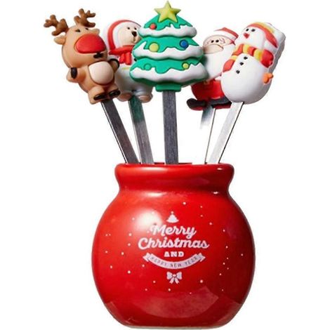 Fourchette à fruits de Noël en acier inoxydable, motif Père Noël, pour salade et desserts. Idéale pour les fêtes. (1/5)