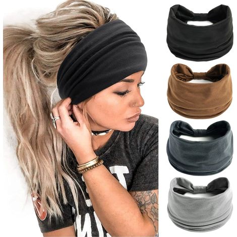 Set di 4 fasce larghe nere in stile bohémien per donna, nodo africano, antiscivolo, elastiche, per yoga, sport, corsa e palestra (nero + grigio + caffè + grigio fumo)