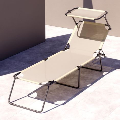 Lettino Pieghevole Con Tettuccio Regolabile Prendisole Parasole Schienale Reclinabile Regolabile Struttura In Metallo Nero Sedia Sdraio Per Spiaggia Mare Giardino Piscina 187 x 53 x 24 Cm (Beige) - Co