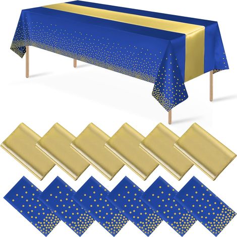 Nappe Jetable En Plastique - Nappe Rectangulaire 137 X 274 Cm Et Chemin De Table En Satin 30 X 274 Cm - Bleu Et Or - Lot De 12 Pièces (1/5)