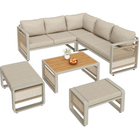 CAIziSalon de jardin 6-7 places, canapé d’angle avec méridienne, beige tressé