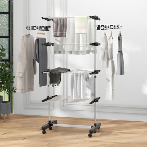 Tendedero de ropa de 5 niveles, plegable, sistema de un clic, 142 cm x 55 cm x 172 cm, negro + plata