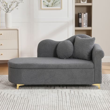 Chaise longue 134x64x70 cm grigio anticato in Lammfell-Optik e schiuma ad alta densità con contenitore nascosto e 2 cuscini