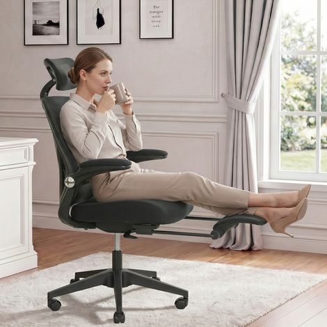 STILVORA Silla de oficina ergonómica ajustable con reposacabezas 3D y reposapiés, de espuma, negro (1/5)