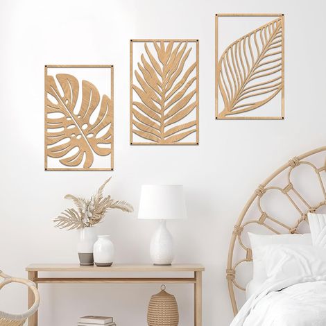 Lot de 3 panneaux muraux bohème en métal - Décoration murale vintage - Plante tropicale - Sculpture murale rustique en forme de feuille de palmier pour salon, salle de bain, chambre à coucher (1/5)