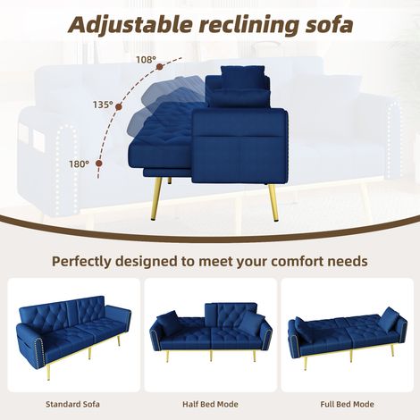 Canapé-lit convertible double avec fonction couchage, trois angles d'inclinaison réglables et porte-gobelets. Idéal pour salon, chambre, home cinéma ou chambre d'amis. Tissu, bleu. (1/5)