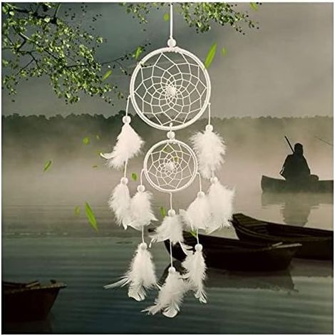Capteur de Reves en Plumes, Grand Attrape Rêve avec 2 Cercles pour Chambre Maison Décoration,Noël, Tenture Murale Mobile Decoratif Filles Enfants Cadeau (Blanche) (1/5)