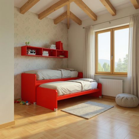 Coppia letti singoli scorrevoli con ruote e contenitori - Made in Italy - Rosso