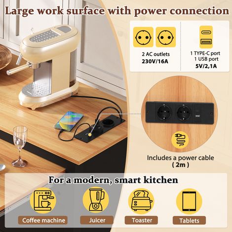 Îlot de cuisine sur roulettes, plateau extensible, station de charge, noir (1/5)
