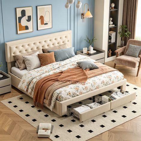 JOOKGBD-Letto contenitore 160x200 cm,Letto matrimoniale imbottito con 2 cassetti e rete a doghe,testiera imbottita,per adulti e adolescenti,Velluto,Beige