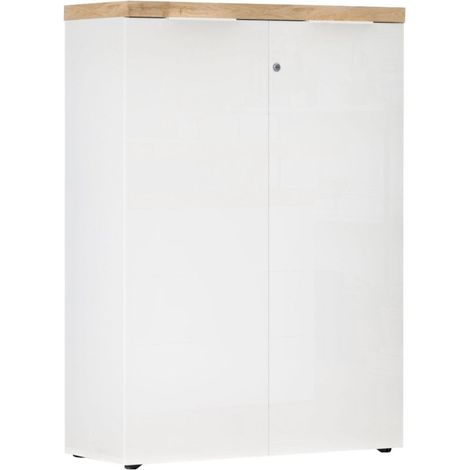 Rangement 2 portes blanc laqué brillant dessus aspect bois finition Cadiz - GENIUS