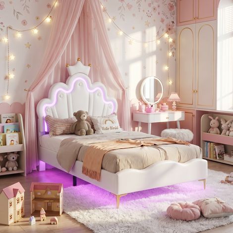 Letto singolo per bambina 90x190 cm imbottito, con LED, testiera a forma di fiore e corona, rete a doghe in legno, letto principessa in similpelle - Bianco
