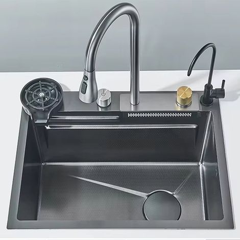 Fregadero de cocina multifunción de acero inoxidable con cascada, seno grande, grifo, lavavasos, estilo clásico, 60 x 45 cm (1/5)