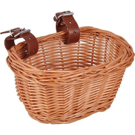Cesta delantera de bicicleta tradicional de mimbre de tamaño mediano con correas de cuero. (1/5)