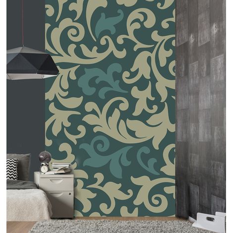 Papier peint intissé floral, 250 cm X 150 cm, bleu turquoise et vert. Arabesque pour un panorama mural idéal. (1/2)